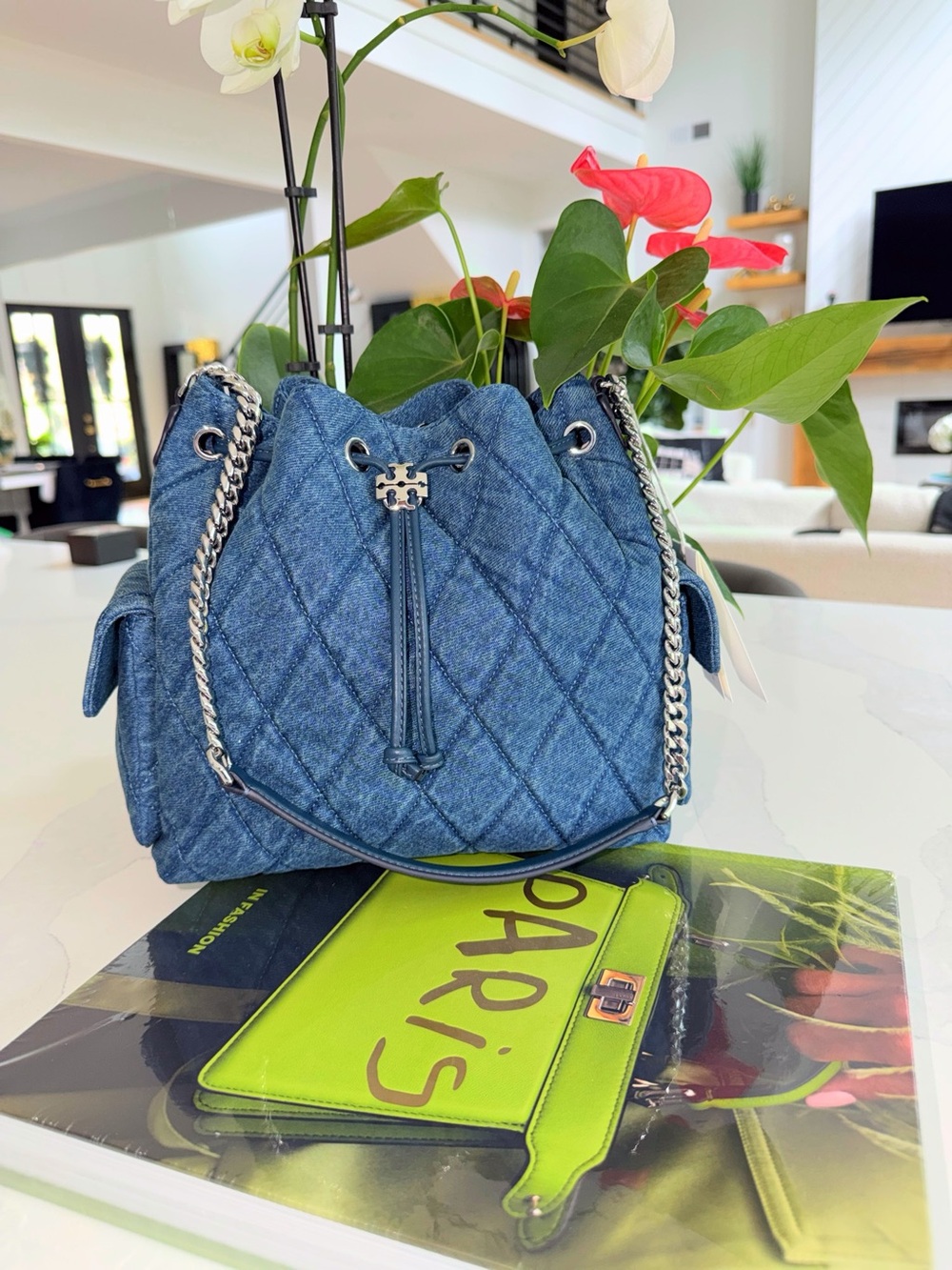 Tory Burch Quilted Denim-Style Drawstring Shoulder Bag